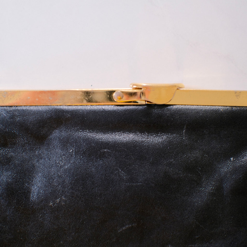 Vintage Black Leather Clutch with Brass Hardware