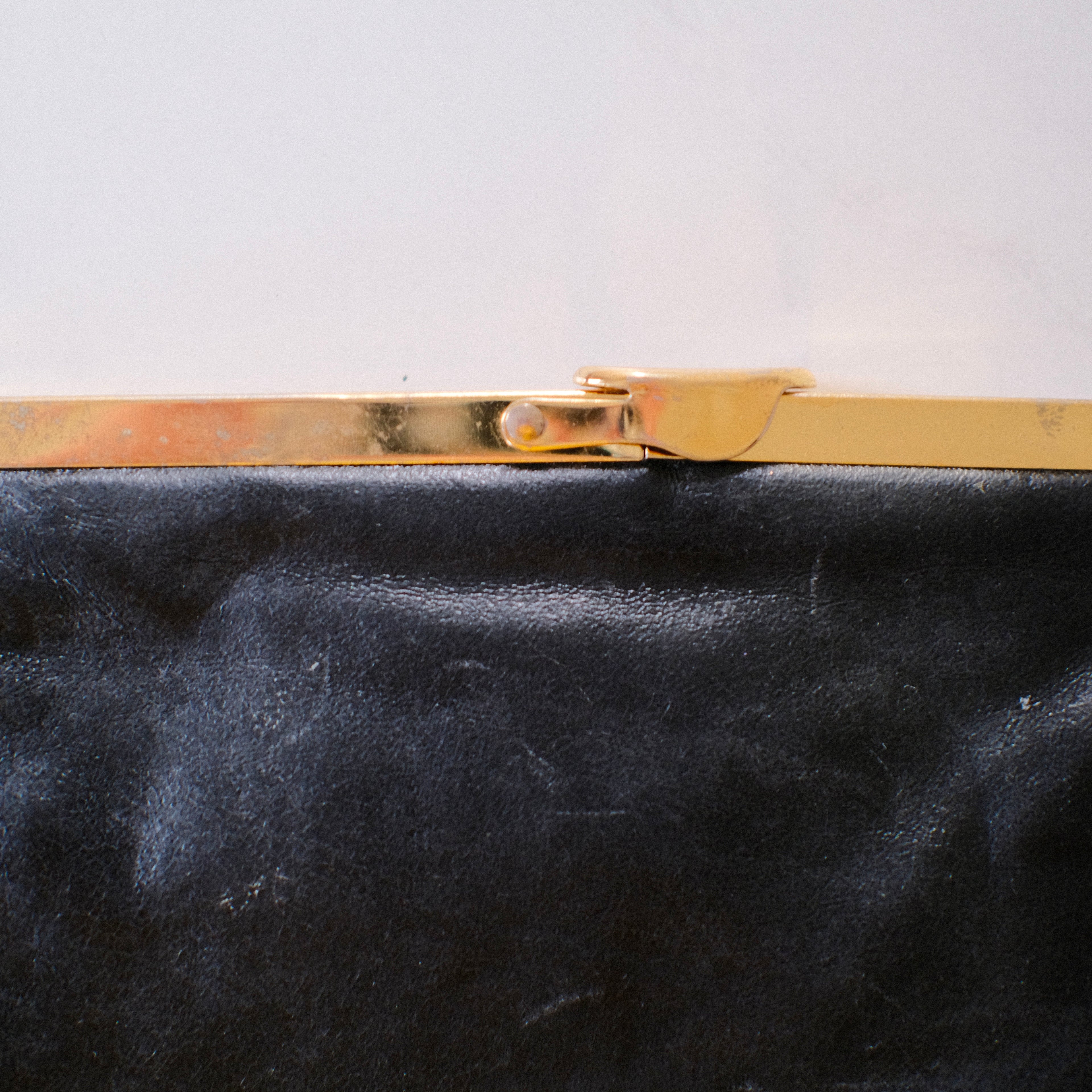 Vintage Black Leather Clutch with Brass Hardware