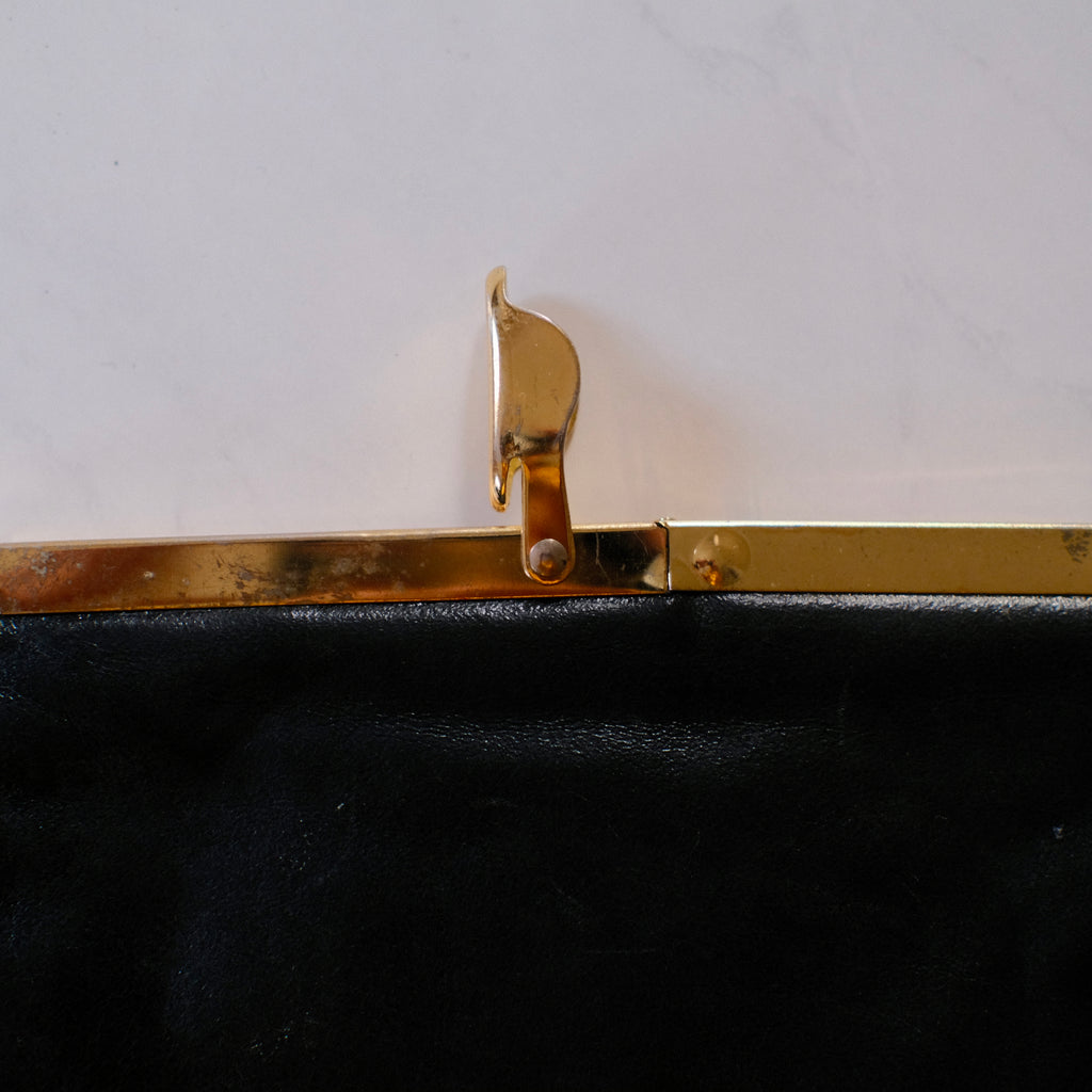 Vintage Black Leather Clutch with Brass Hardware