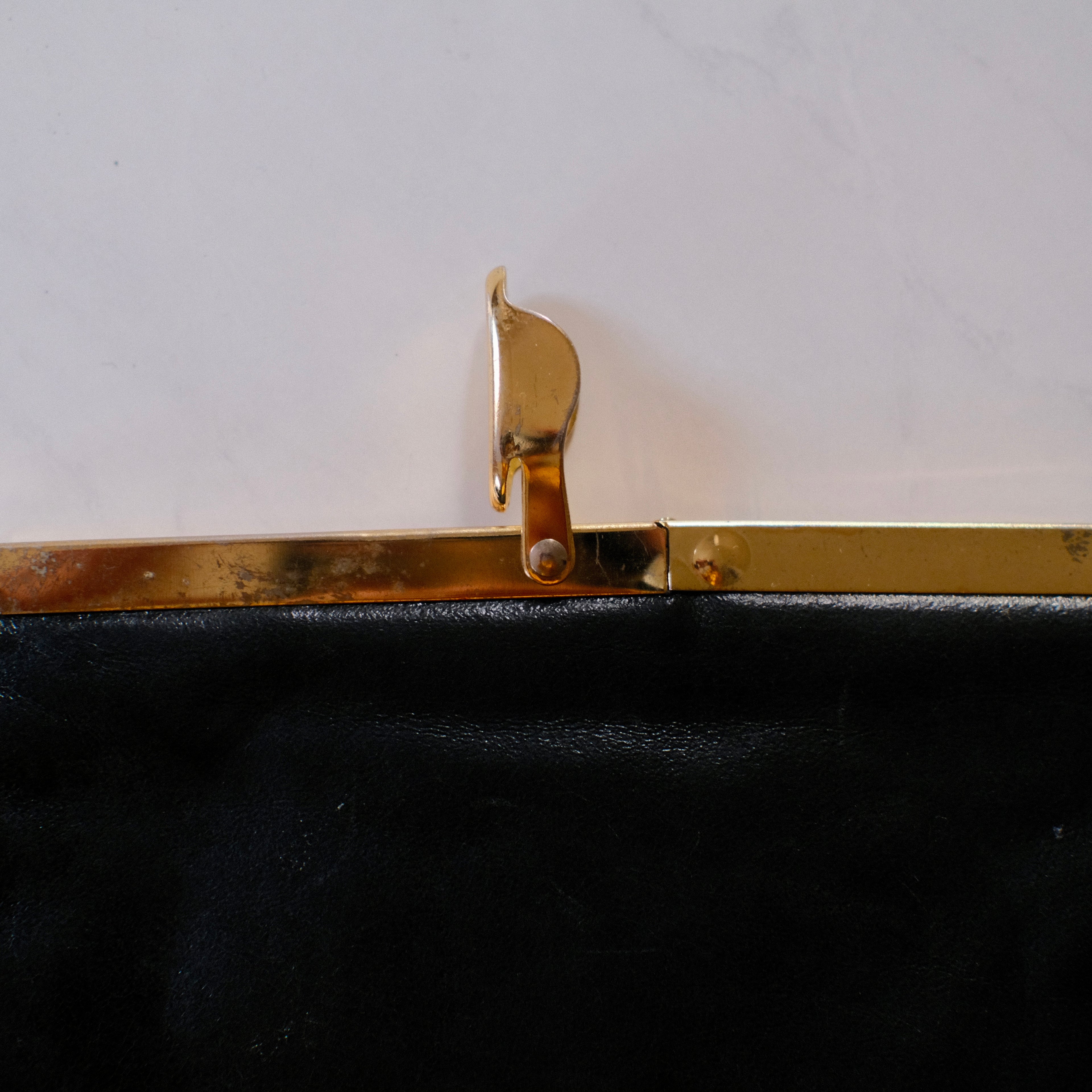 Vintage Black Leather Clutch with Brass Hardware