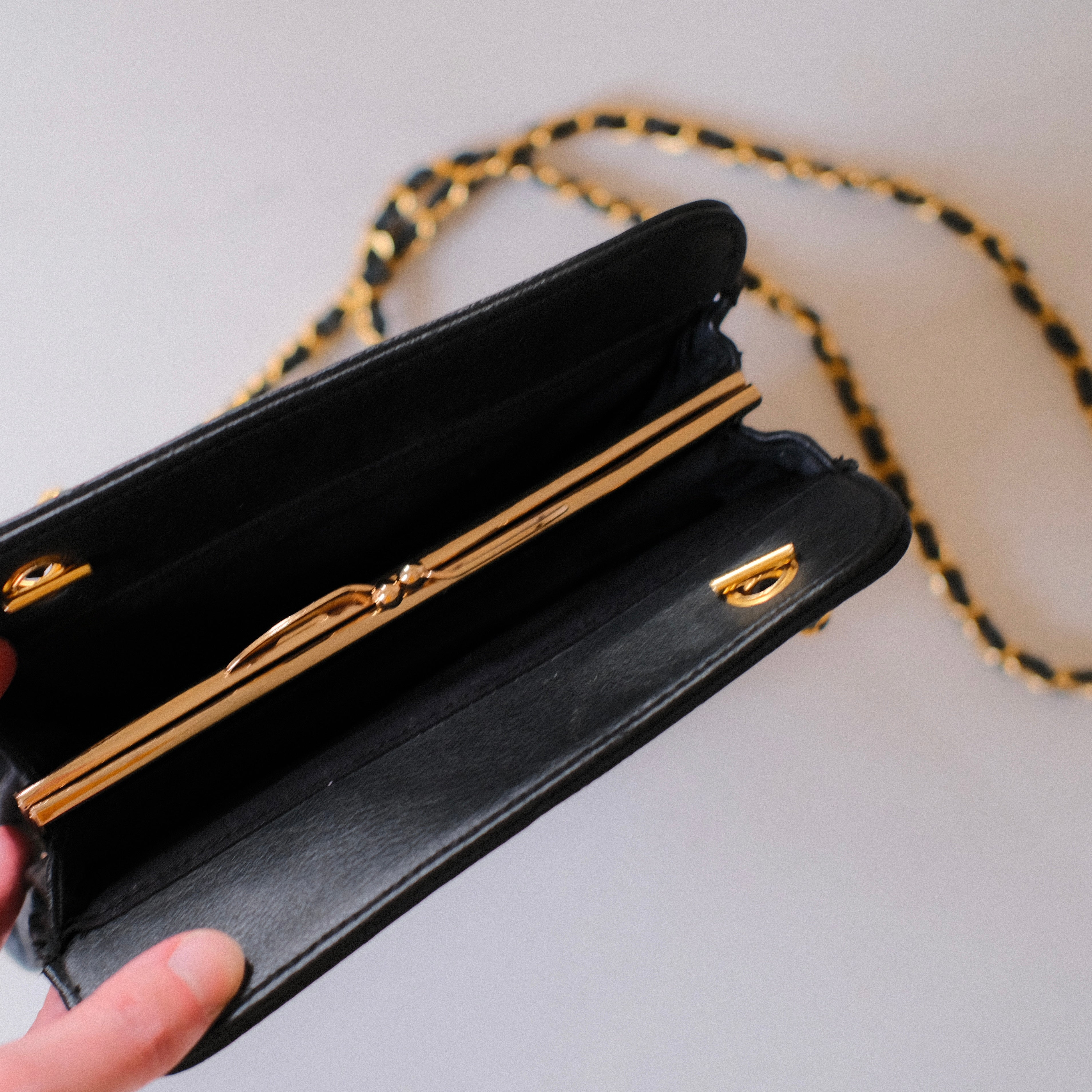 Vintage Black Leather Kiss Lock Bag with Gold Chain Strap