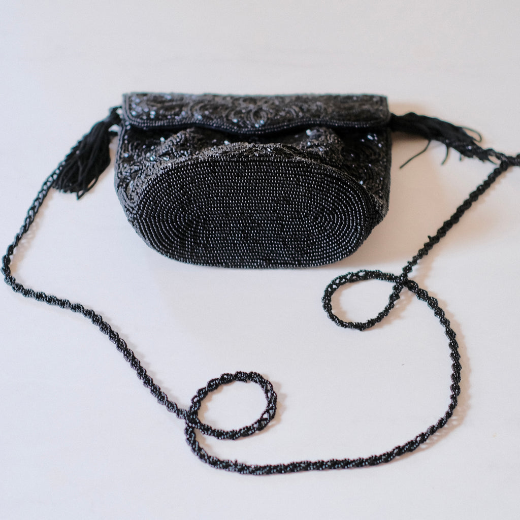 Vintage Beaded Black Crossbody Evening Bag