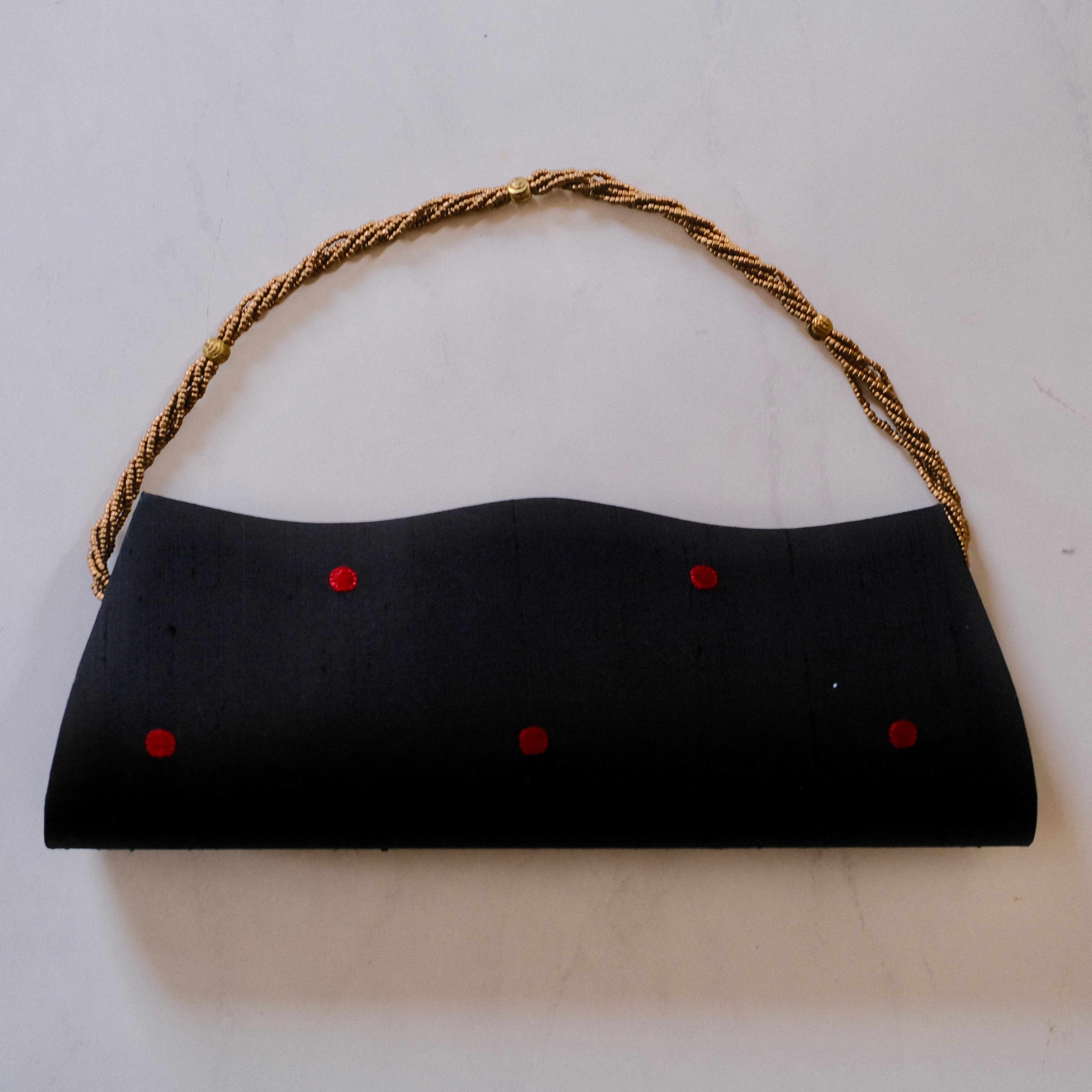 Vintage Black Satin Clutch with Red and Gold Accents