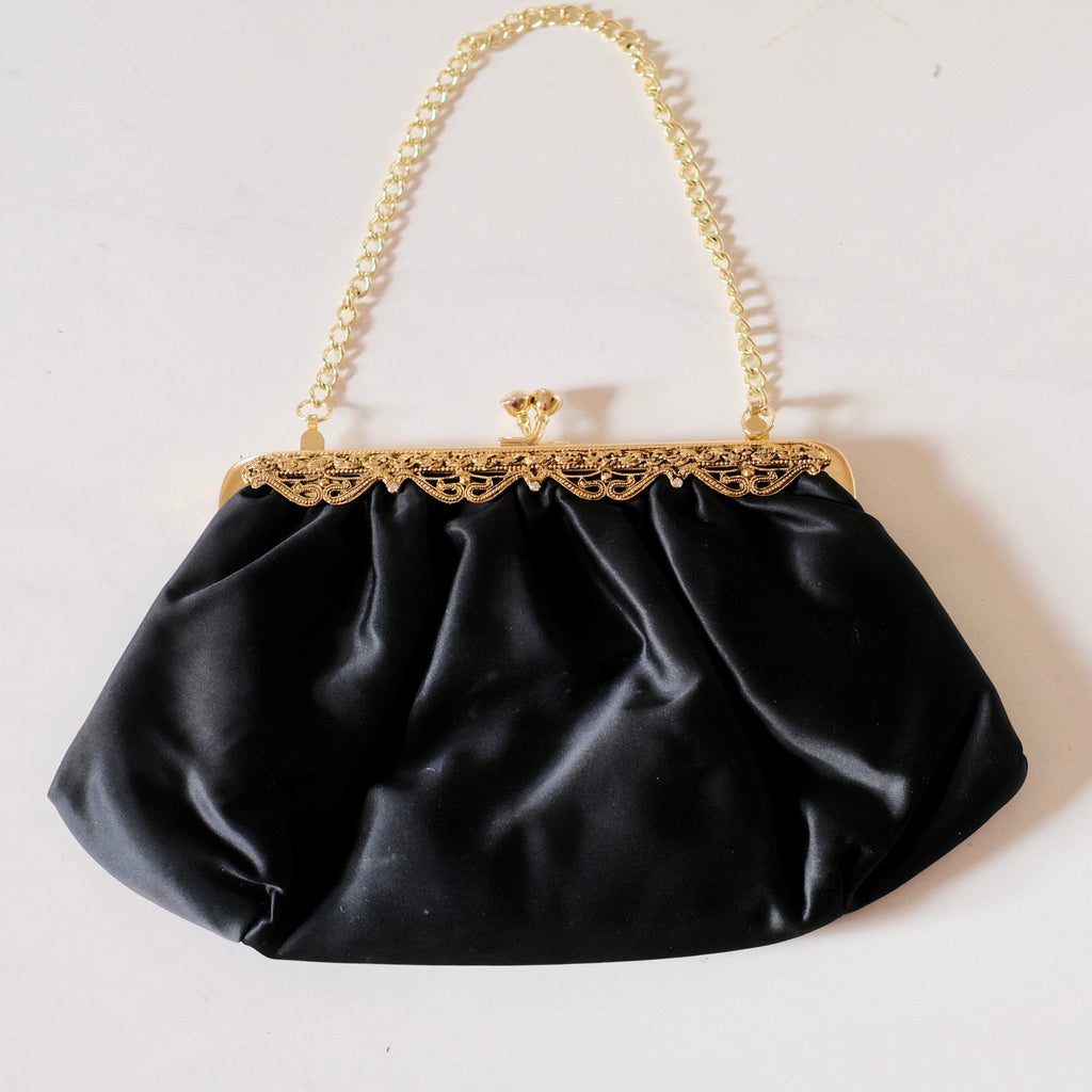 Vintage Black Satin Kiss Lock Clutch with Gem Embellishments