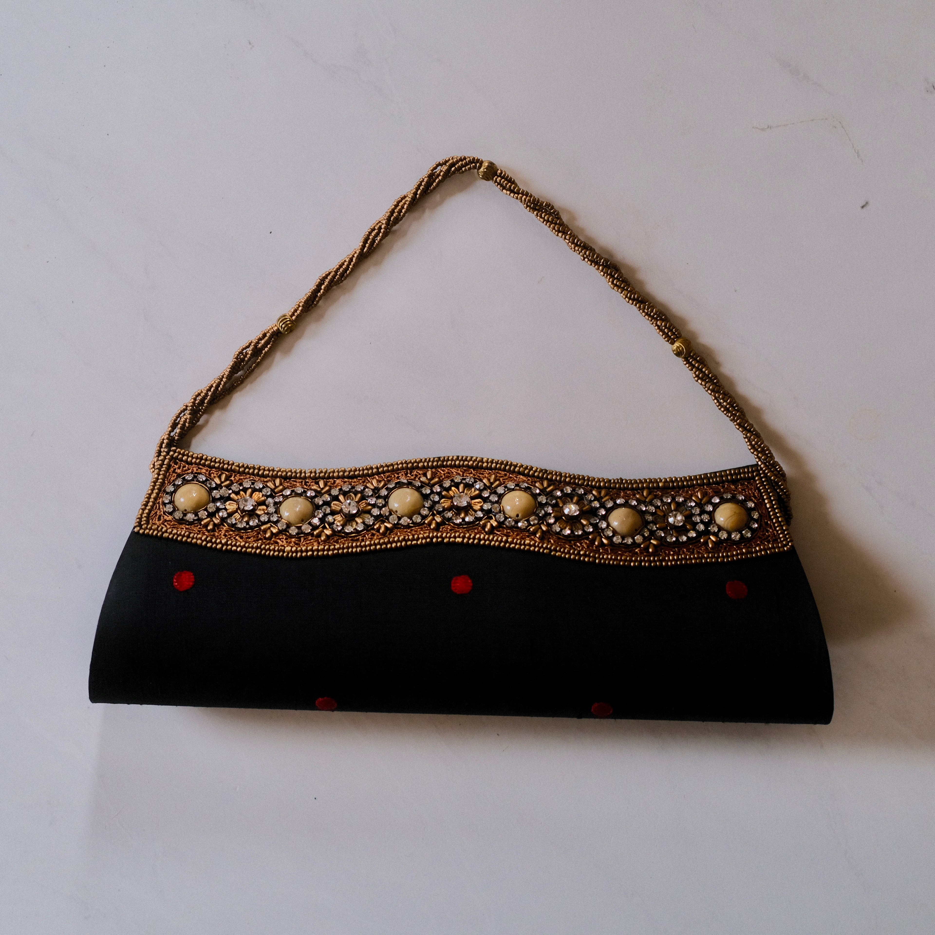 Vintage Black Satin Clutch with Red and Gold Accents