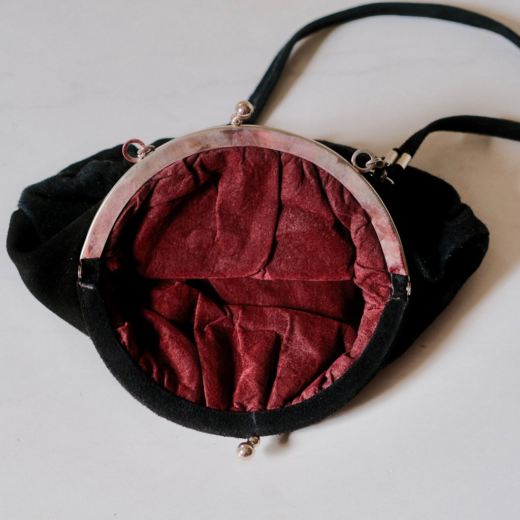 Vintage Black Suede Kiss Lock Evening Bag