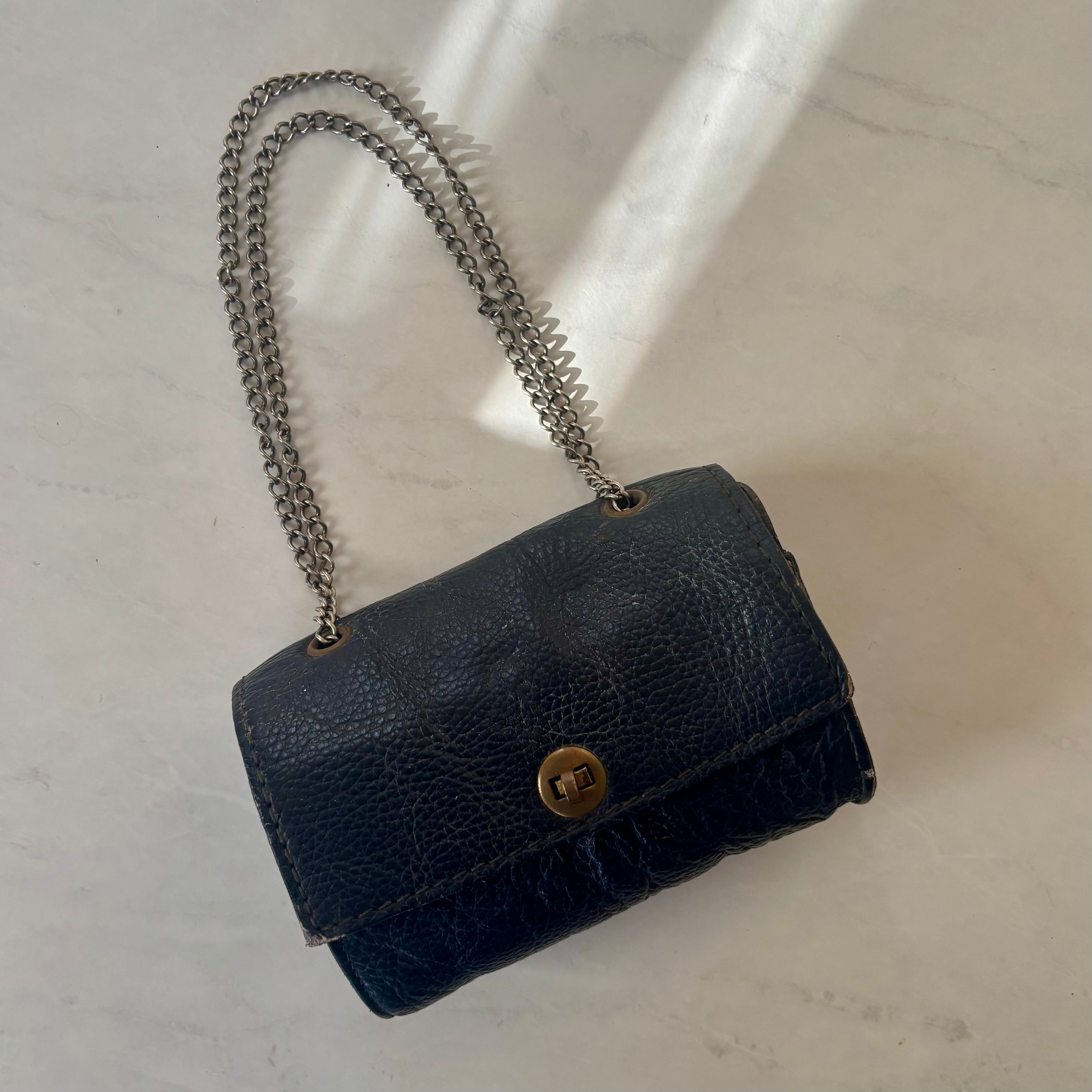 Antique Navy Leather Bag with Chain Strap