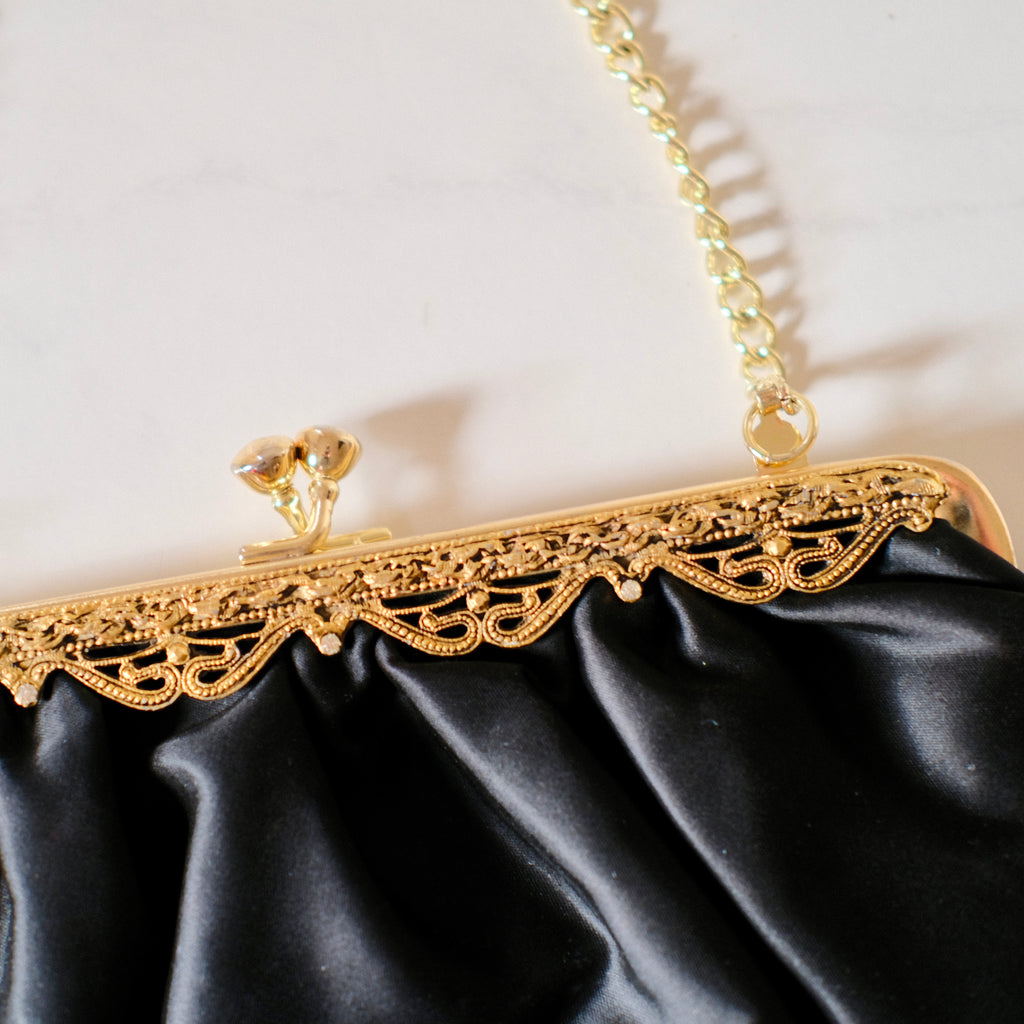 Vintage Black Satin Kiss Lock Clutch with Gem Embellishments