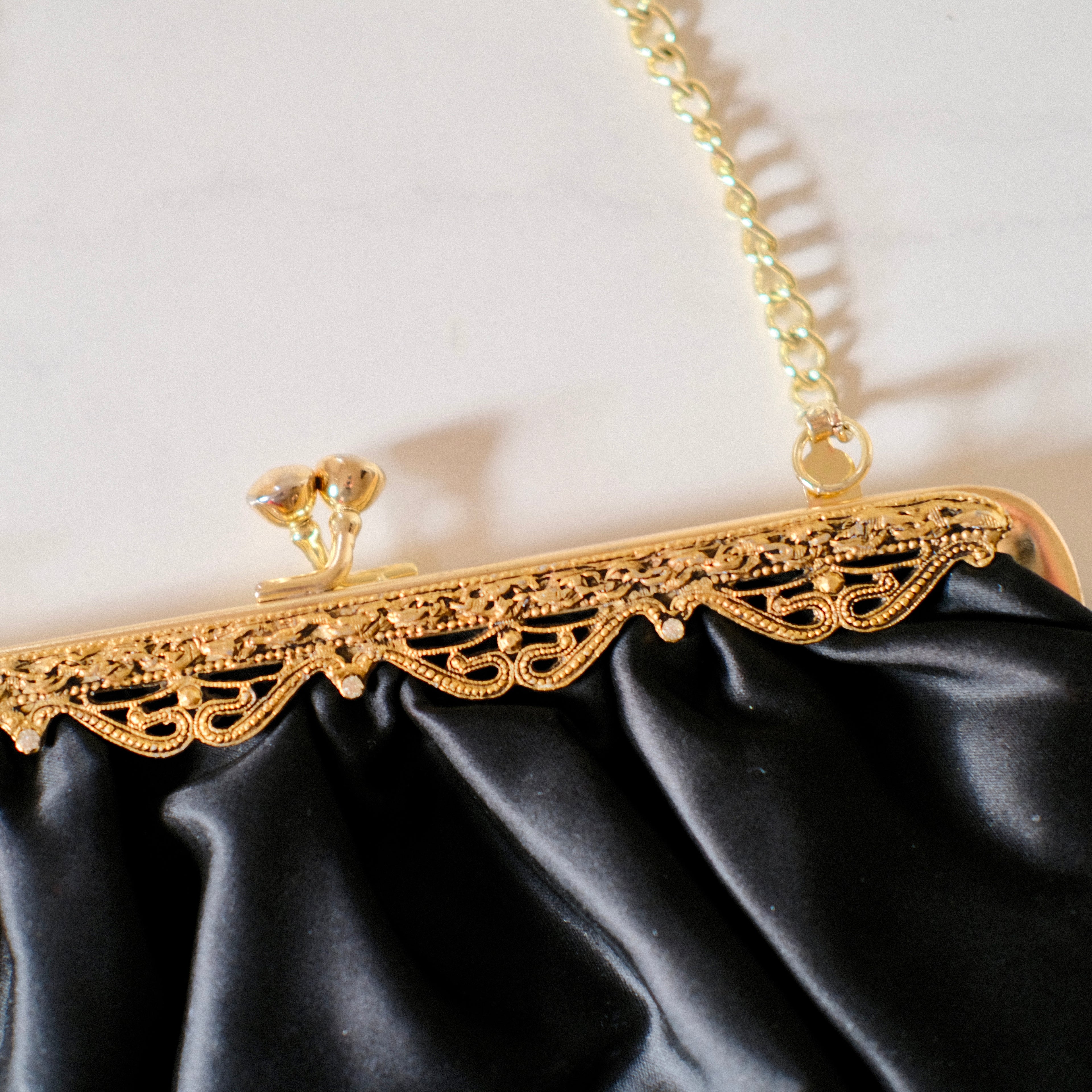 Vintage Black Satin Kiss Lock Clutch with Gem Embellishments