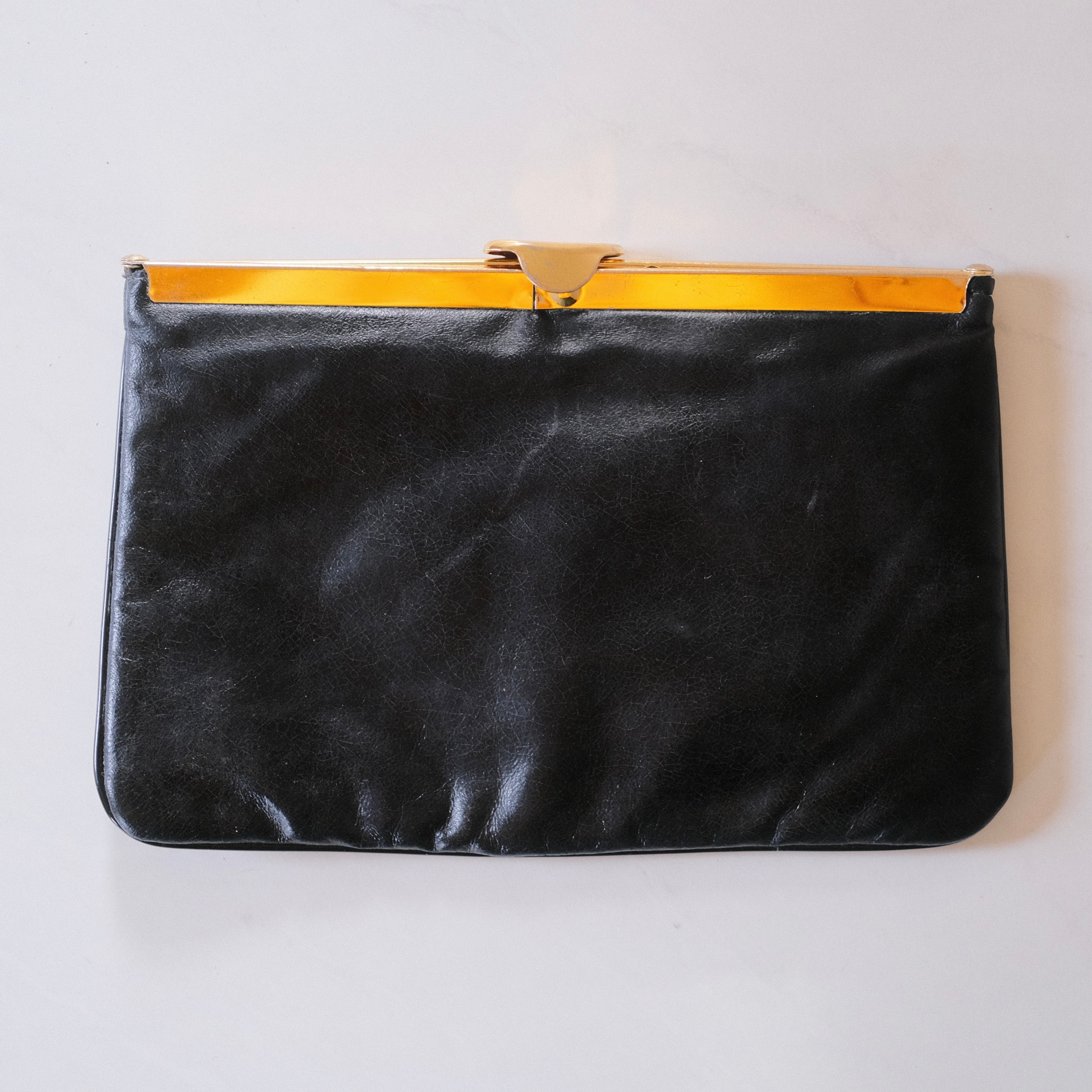 Vintage Black Leather Clutch with Brass Hardware