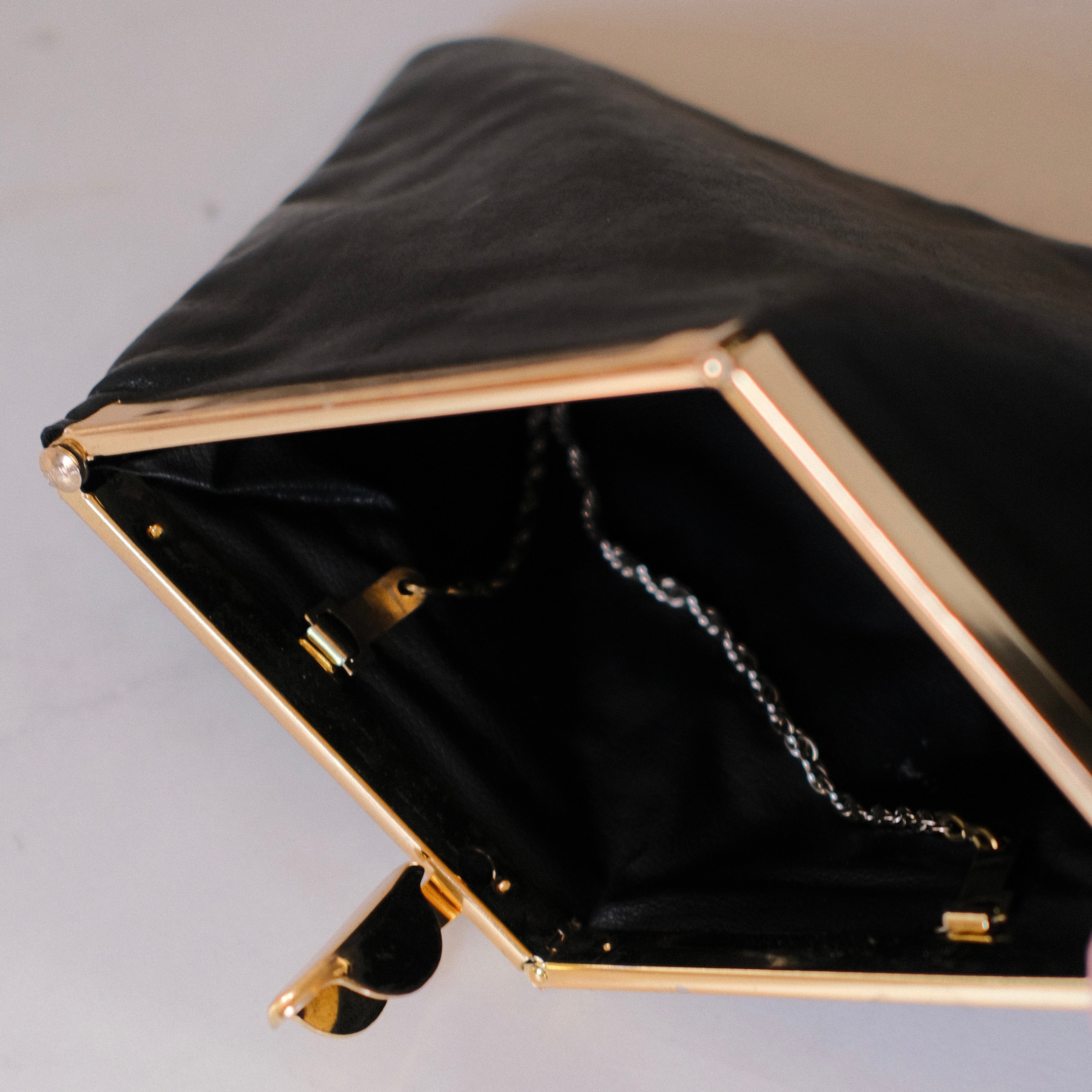 Vintage Black Leather Clutch with Brass Hardware
