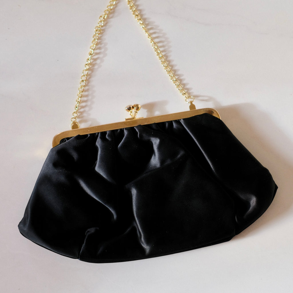 Vintage Black Satin Kiss Lock Clutch with Gem Embellishments