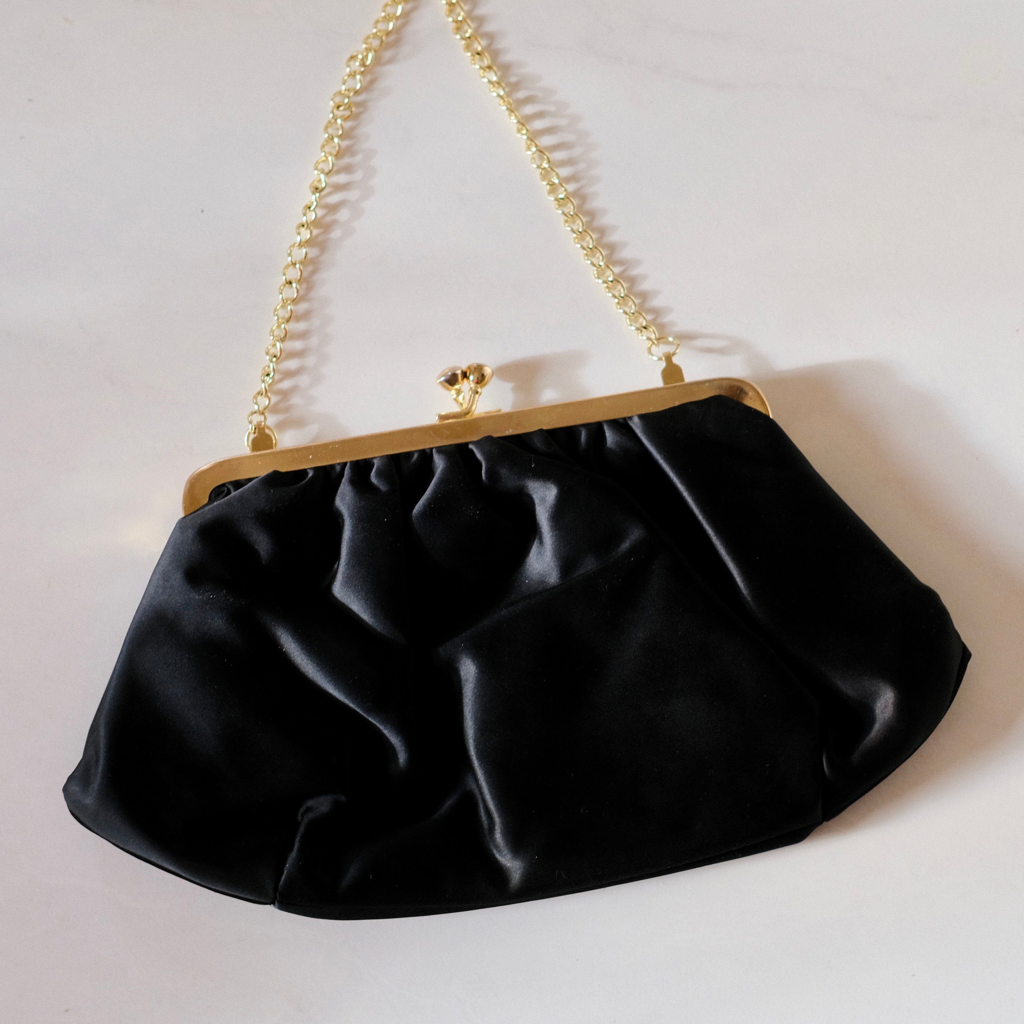 Vintage Black Satin Kiss Lock Clutch with Gem Embellishments