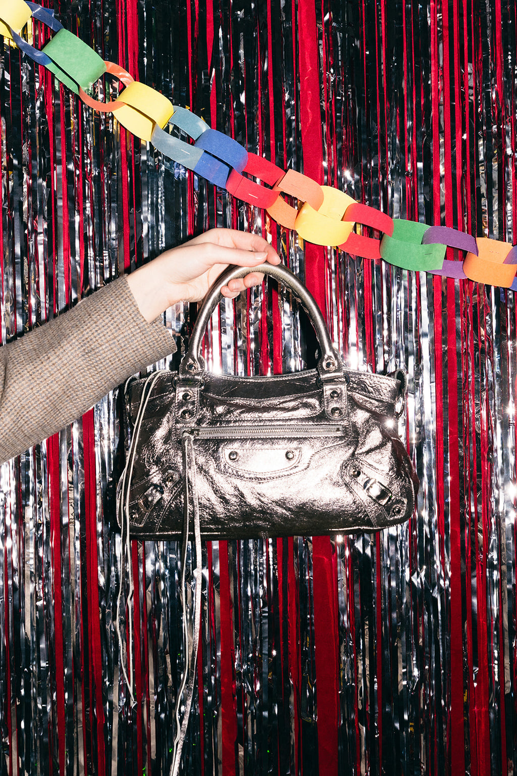 Balenciaga City 2way Leather Shoulder Bag Metallic Silver