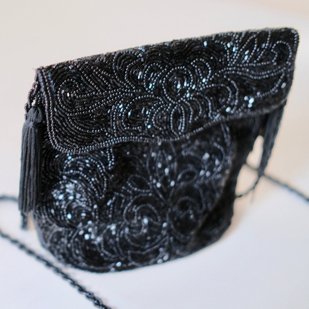 Vintage Beaded Black Crossbody Evening Bag