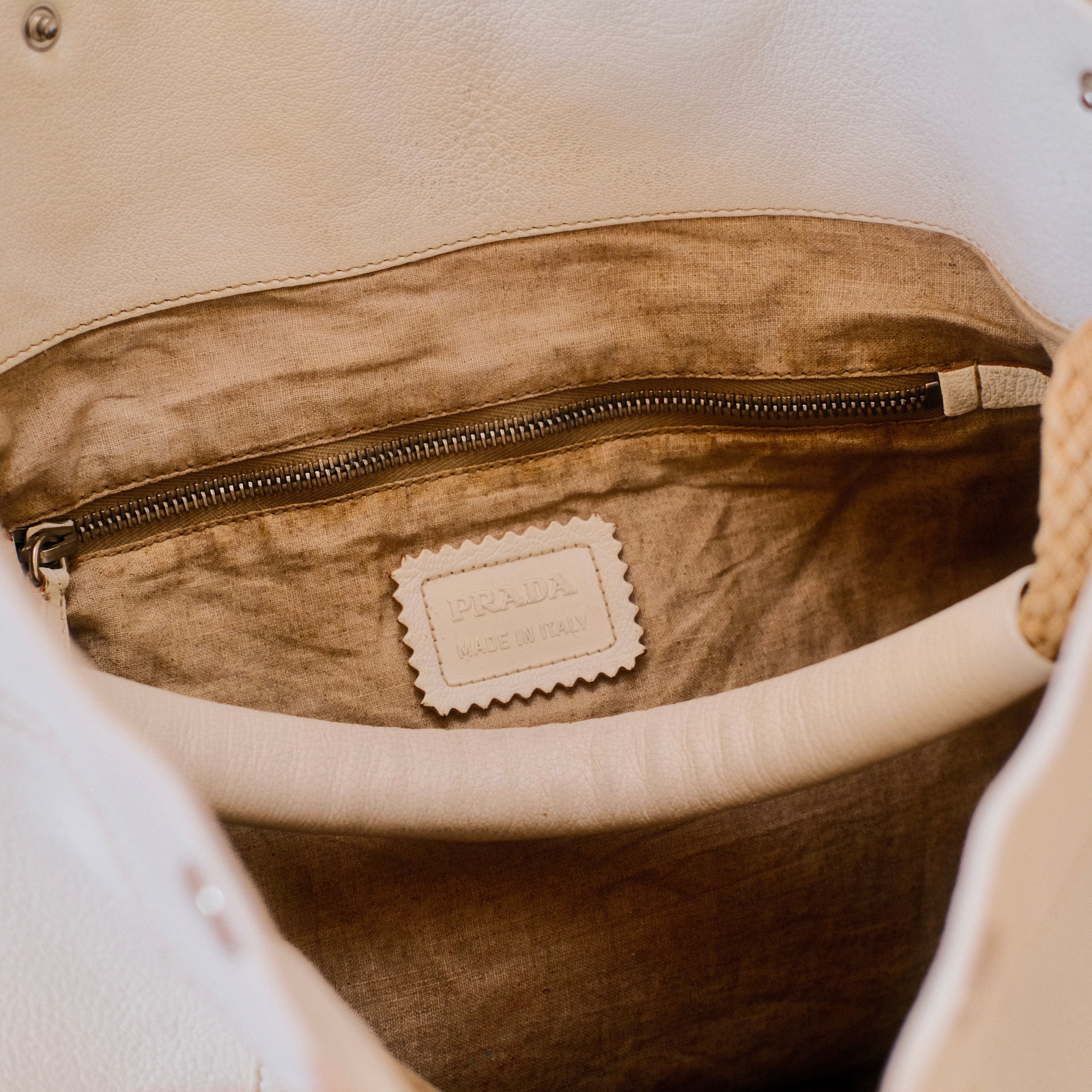 Prada Cream Leather Antiqued Bianco Tote