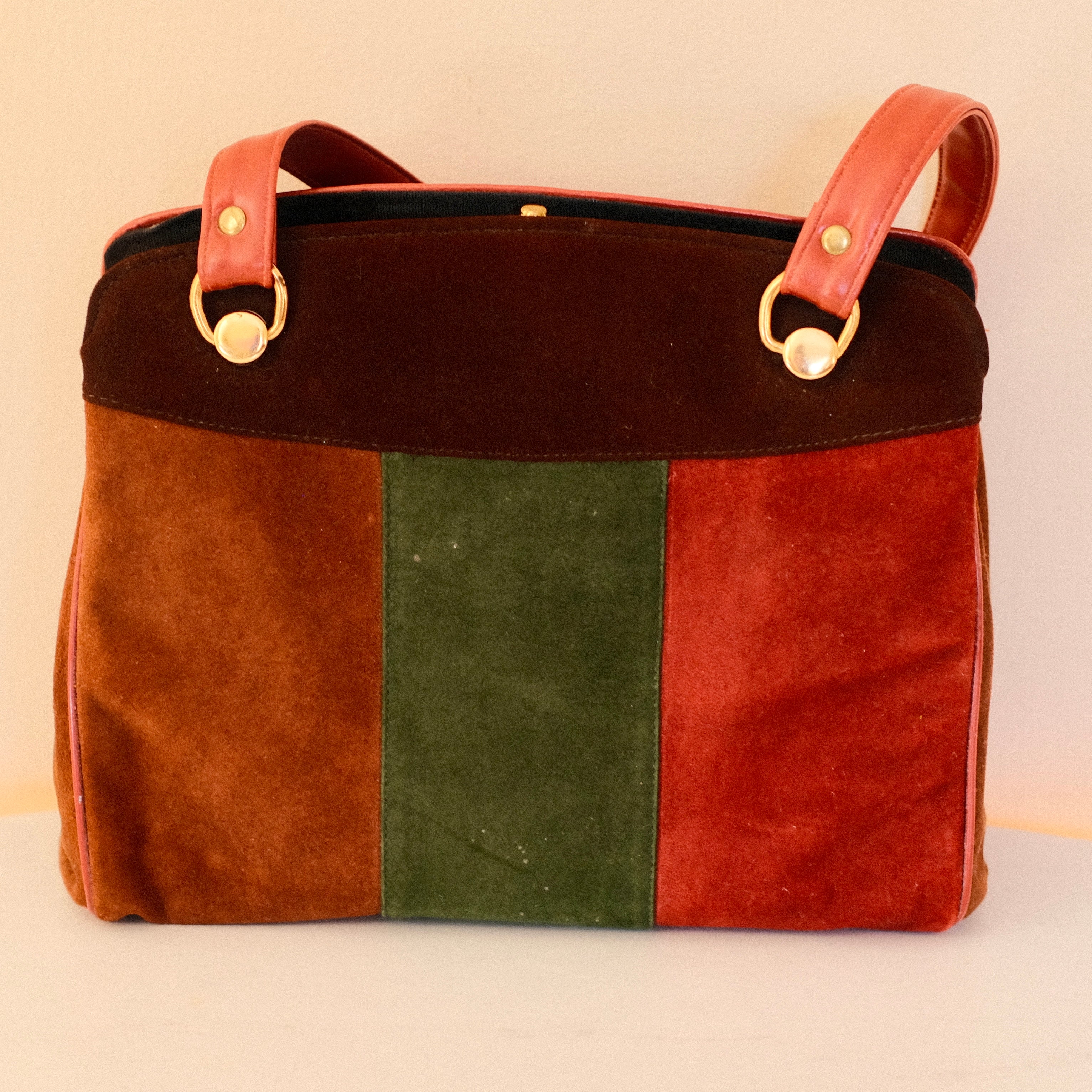 Vintage Tri-Color Leather and Suede Kiss Lock Bag