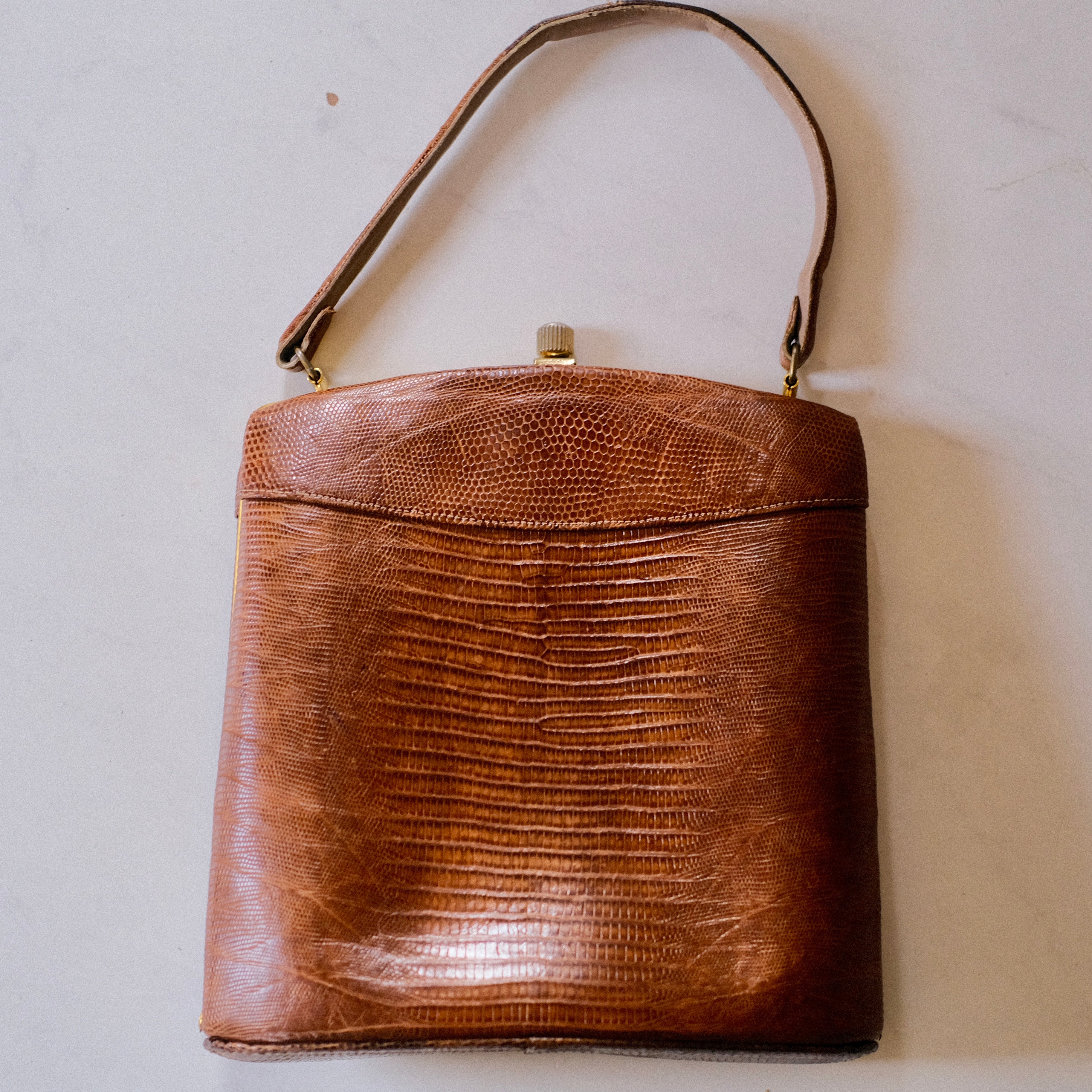 Vintage Leon of California Brown Lizard Kiss Lock Handbag