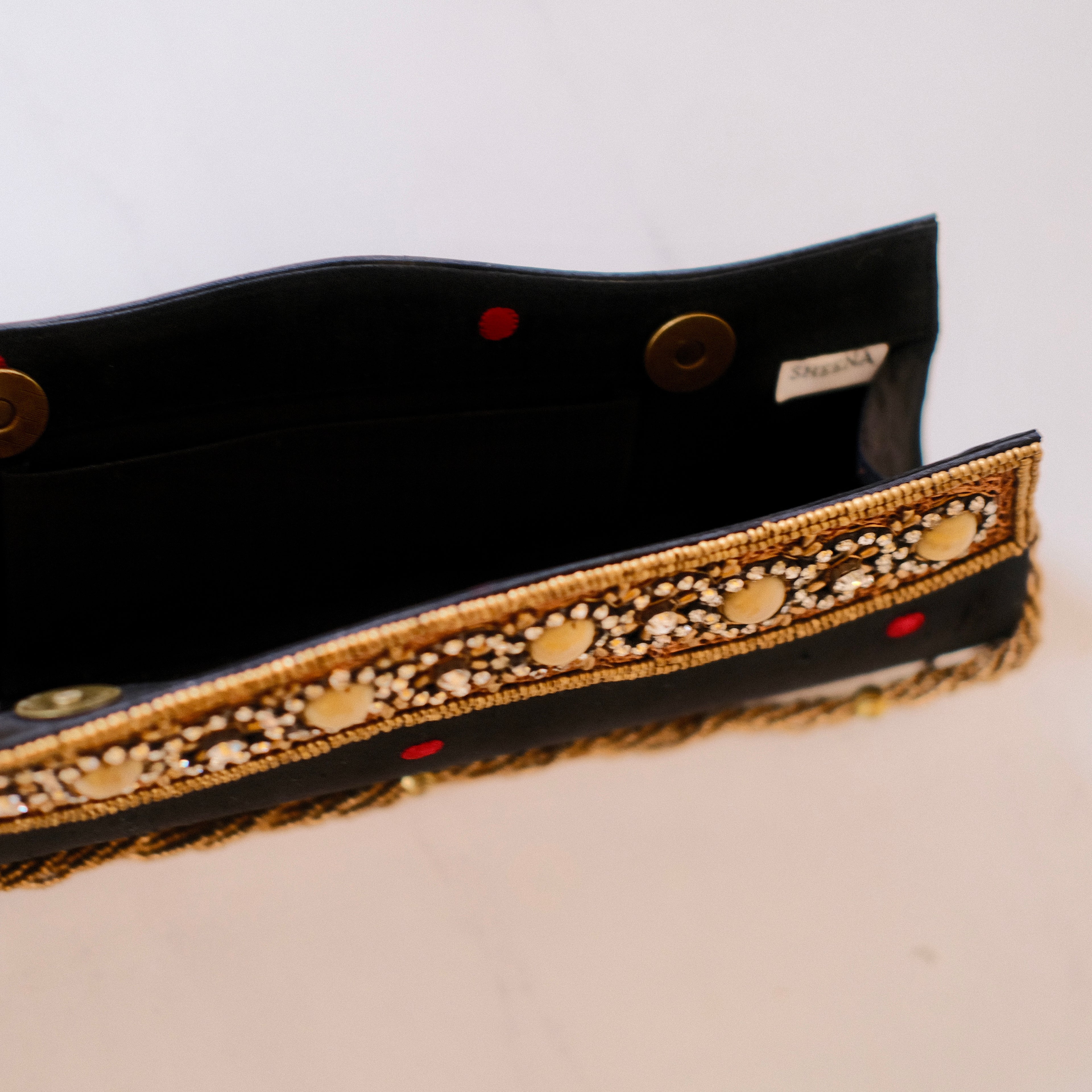 Vintage Black Satin Clutch with Red and Gold Accents