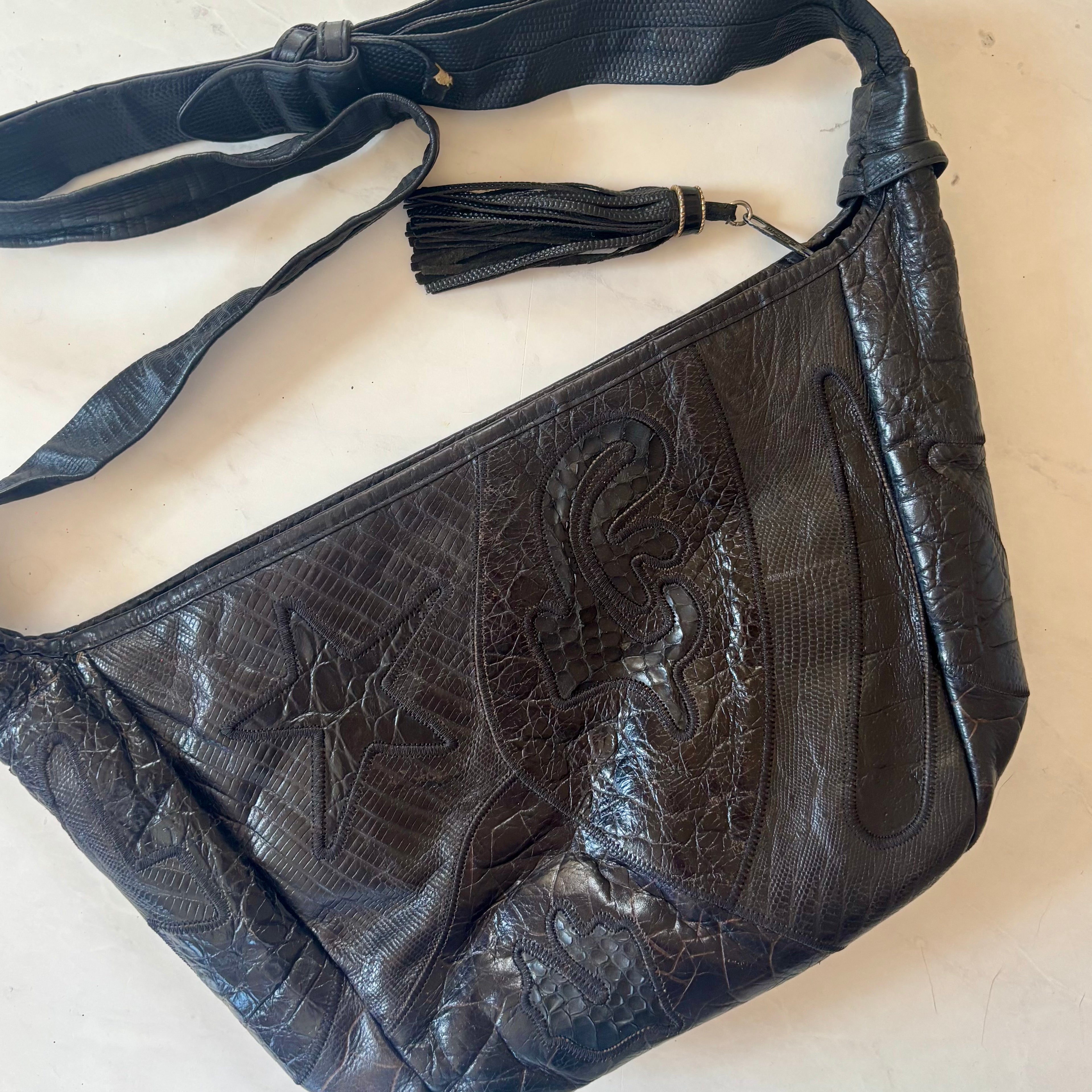 Vintage Sharif Black Leather Patchwork Crossbody