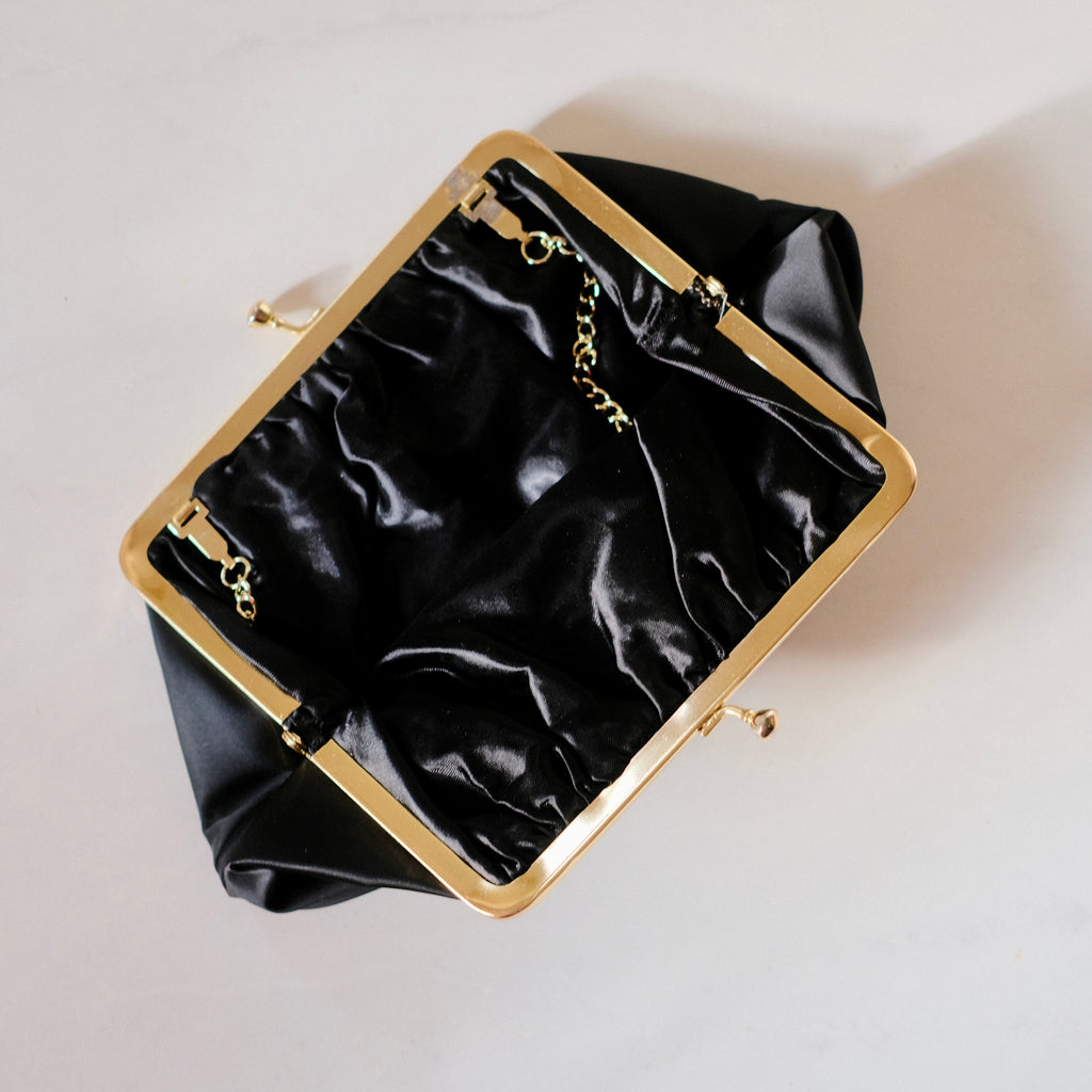 Vintage Black Satin Kiss Lock Clutch with Gem Embellishments