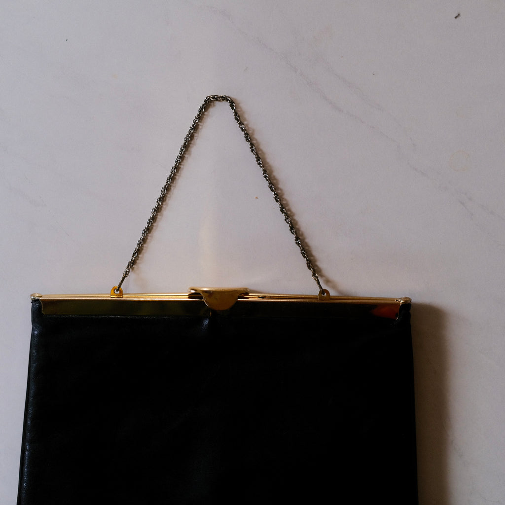 Vintage Black Leather Clutch with Brass Hardware