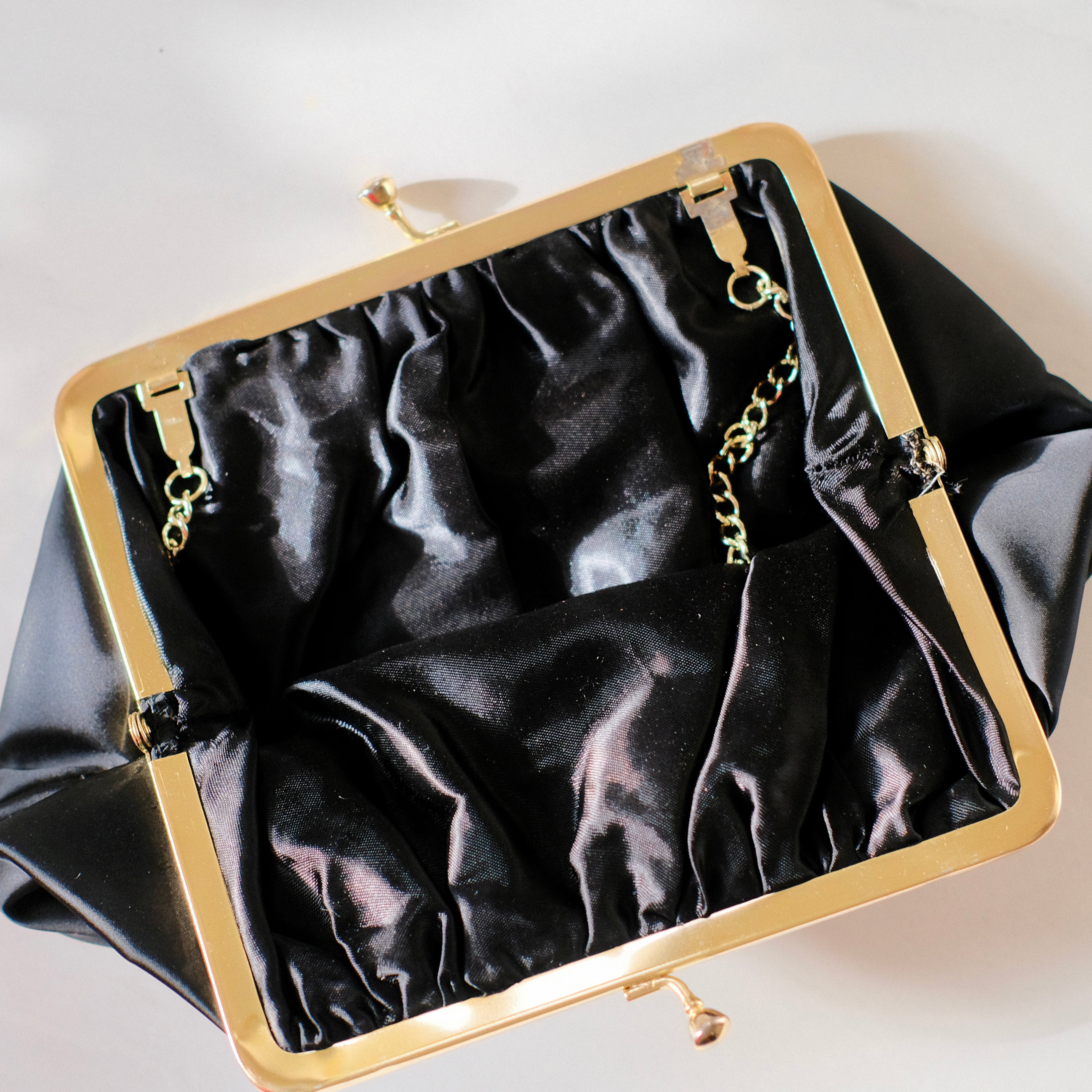 Vintage Black Satin Kiss Lock Clutch with Gem Embellishments