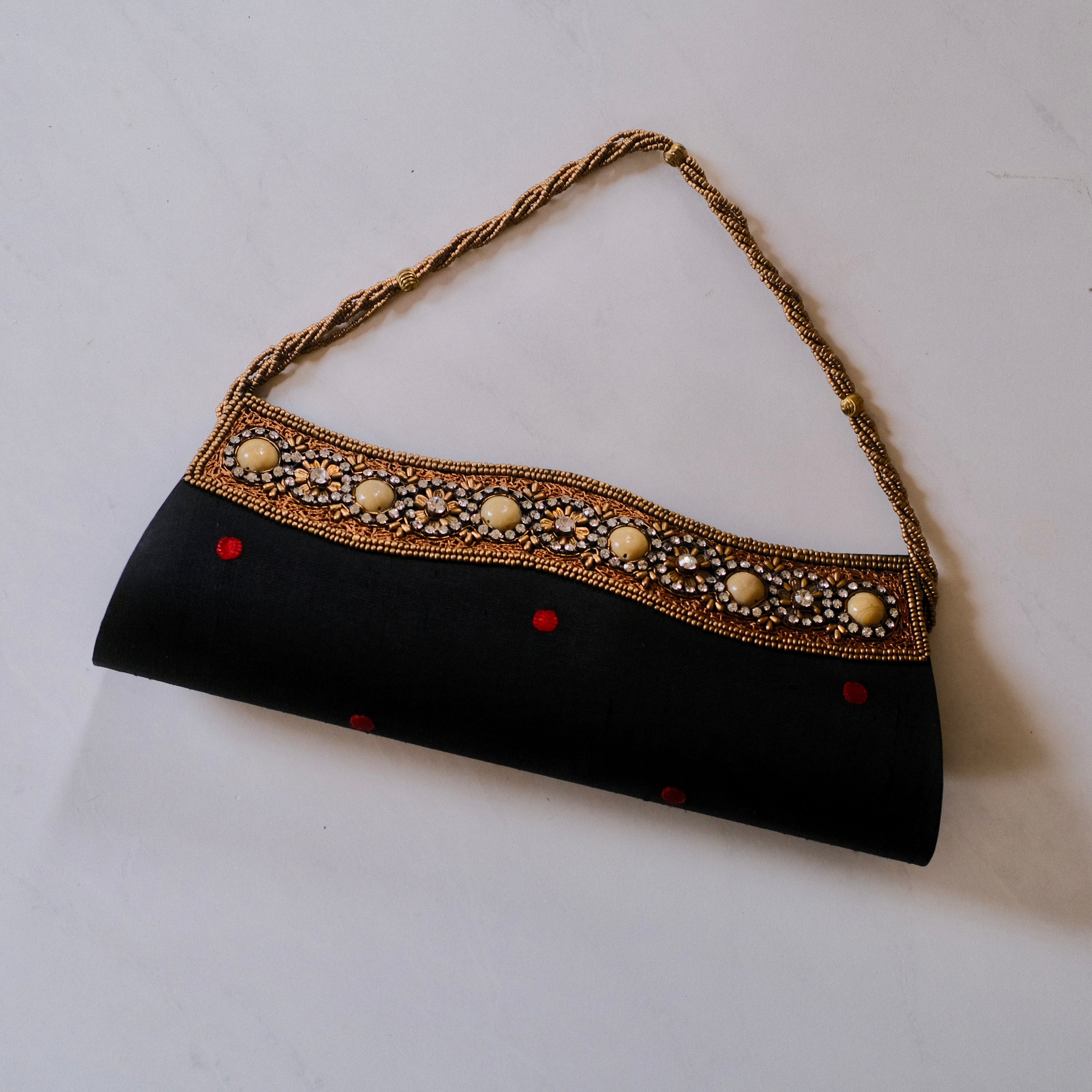 Vintage Black Satin Clutch with Red and Gold Accents