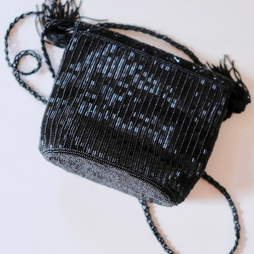 Vintage Beaded Black Crossbody Evening Bag