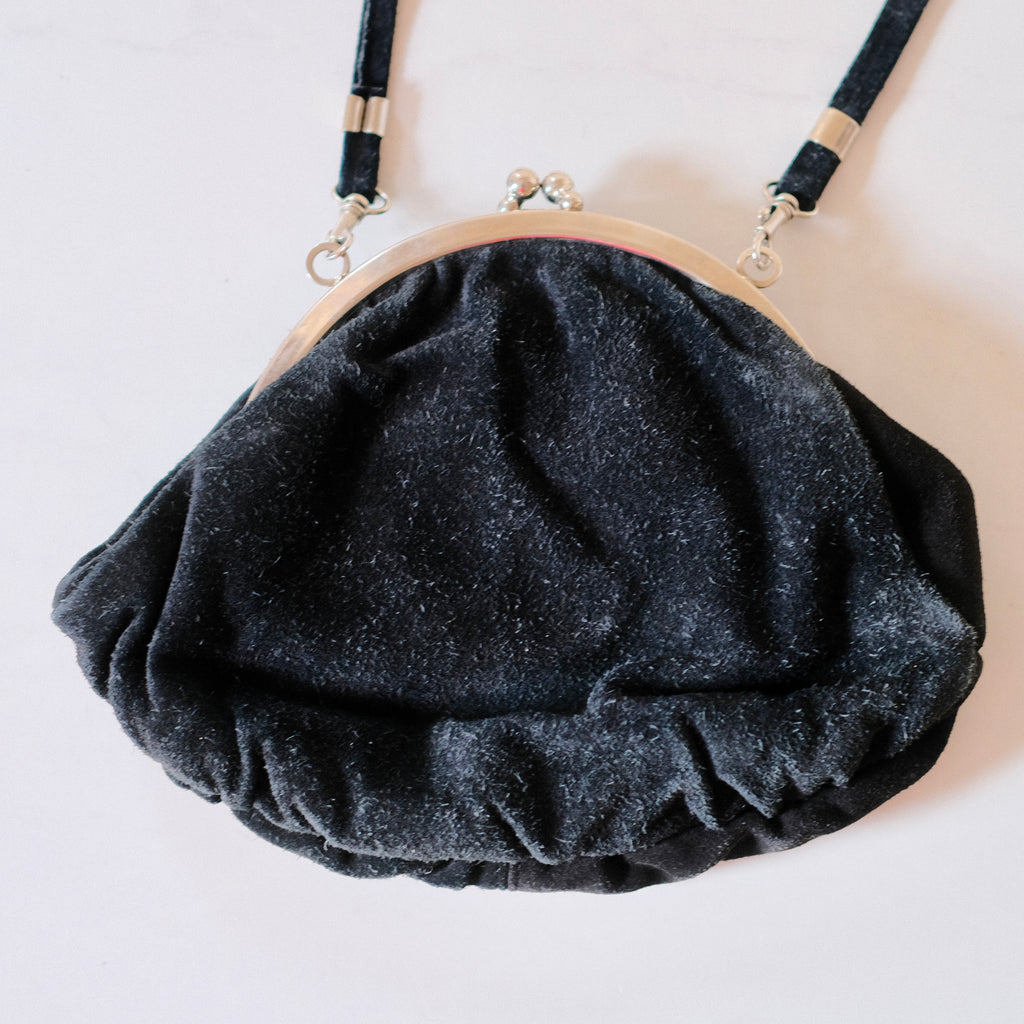Vintage Black Suede Kiss Lock Evening Bag