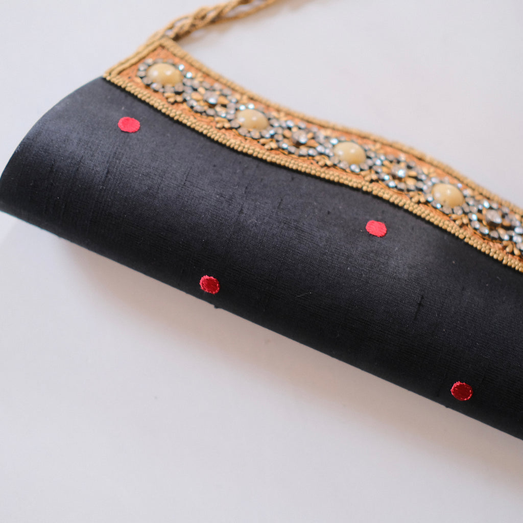 Vintage Black Satin Clutch with Red and Gold Accents