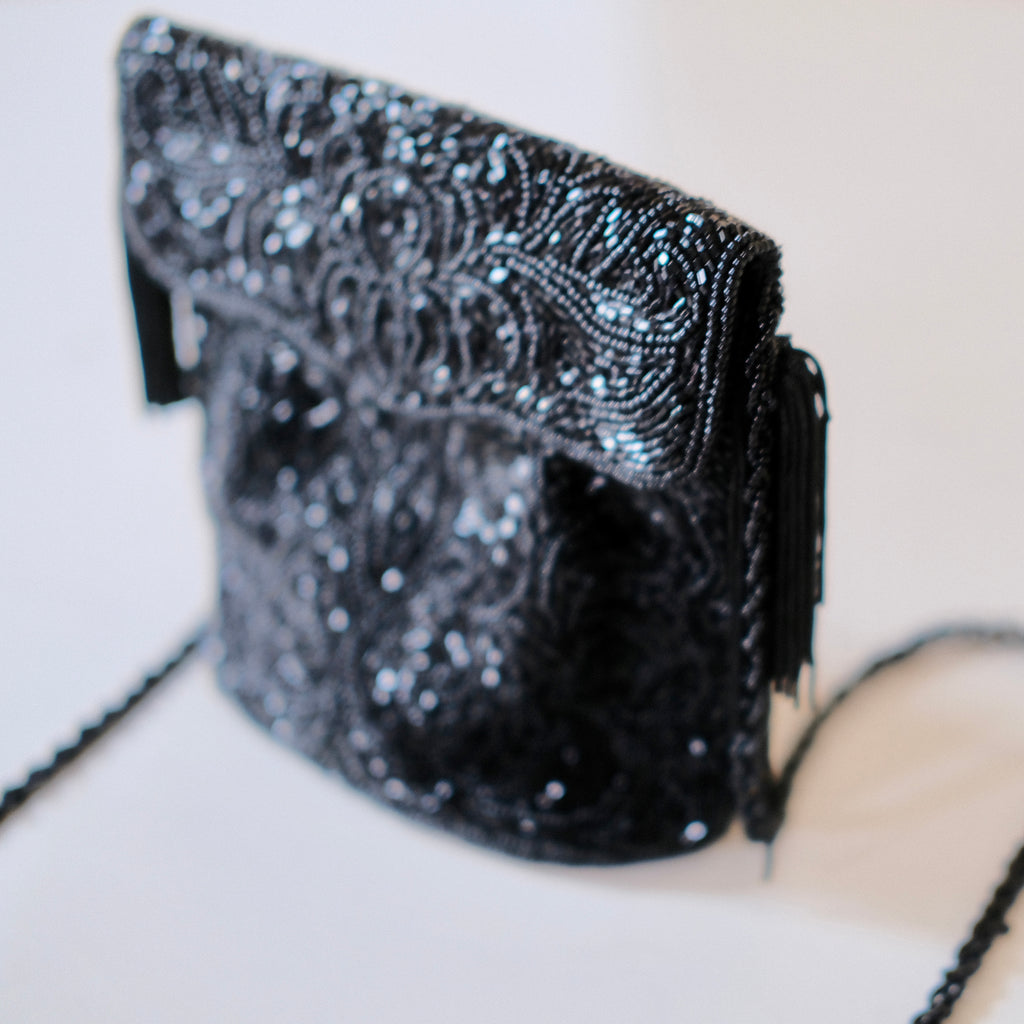 Vintage Beaded Black Crossbody Evening Bag