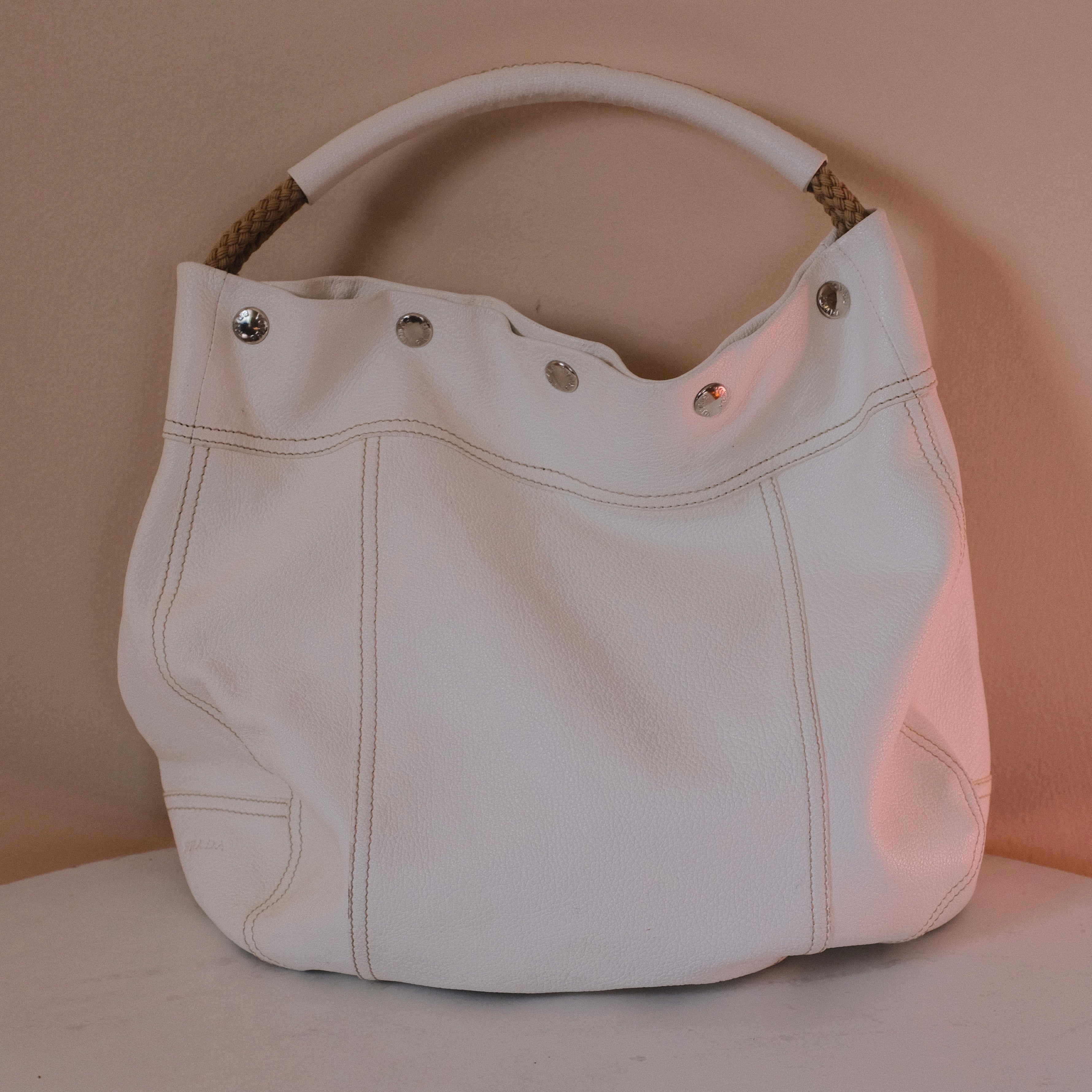 Prada Cream Leather Antiqued Bianco Tote
