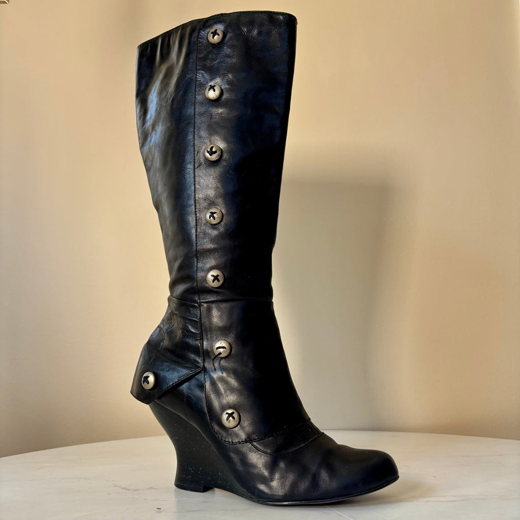 Vintage Black Leather Boots with Buttons — Size 8.5