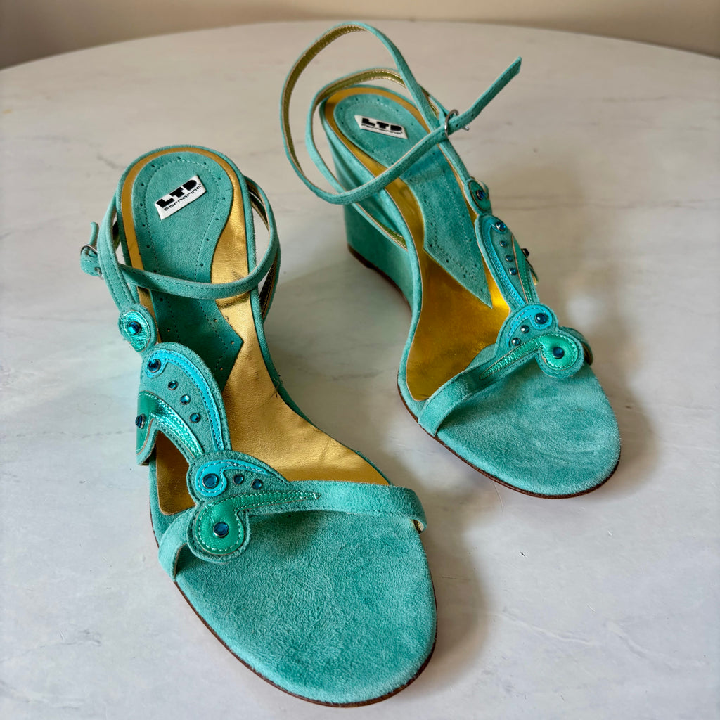LTD y2k Aqua Suede Wedges — Size 39