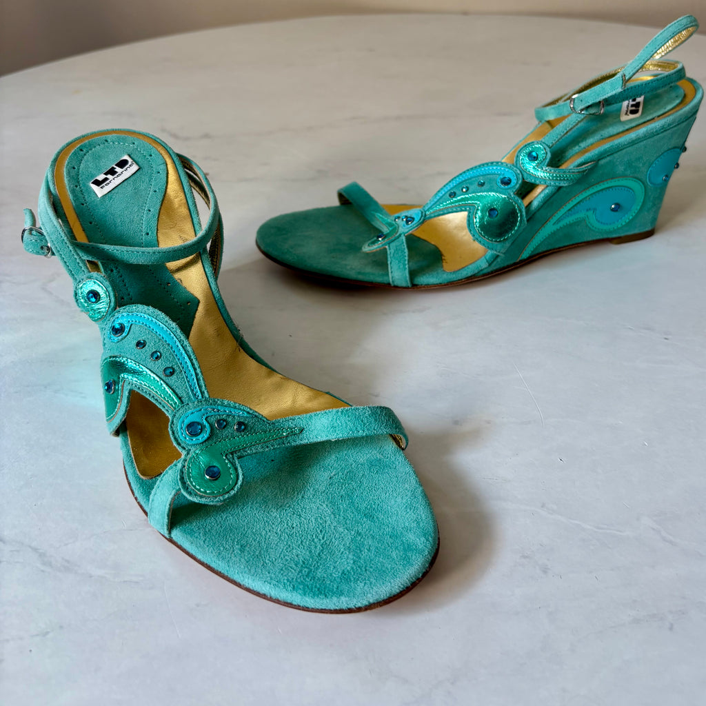 LTD y2k Aqua Suede Wedges — Size 39