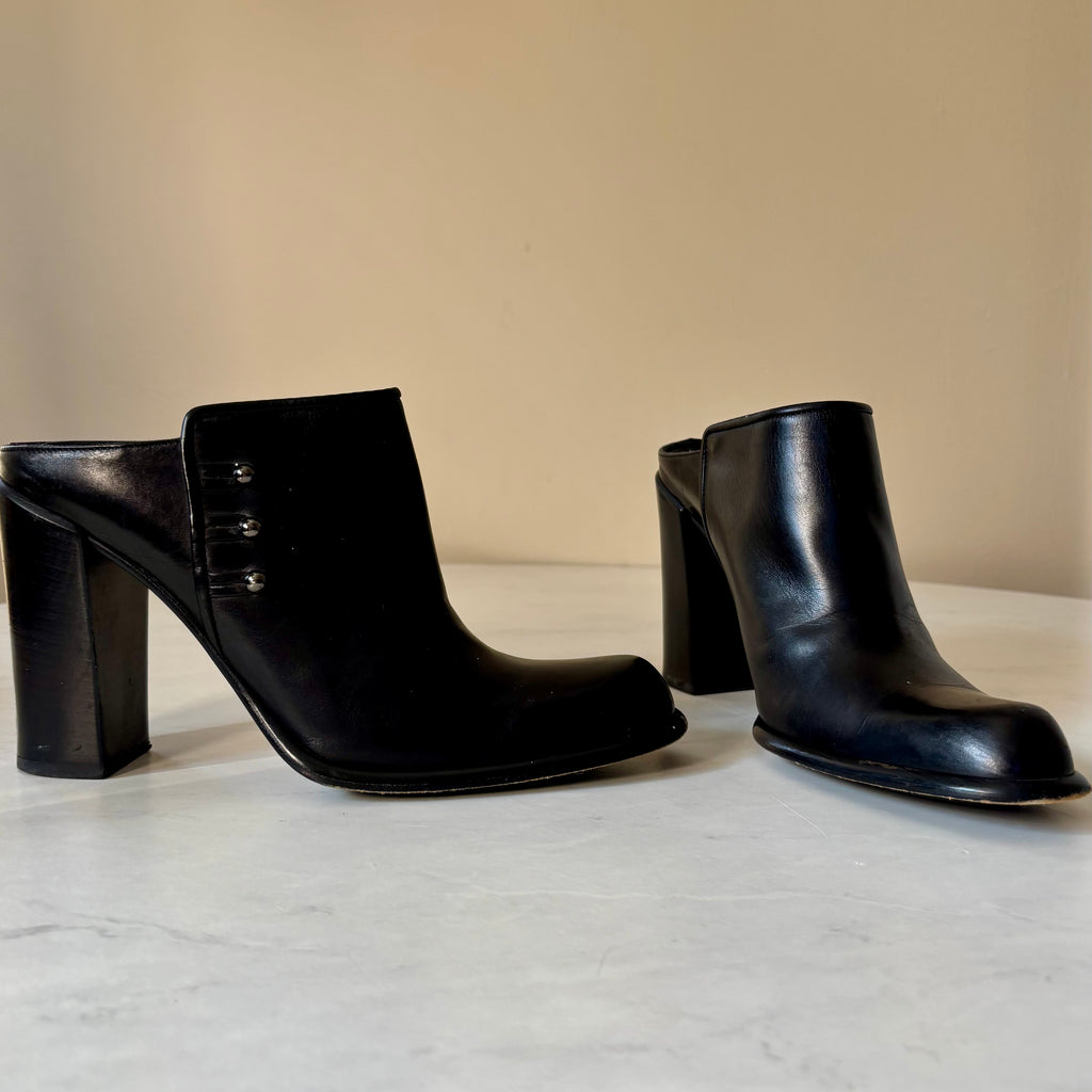Via Spiga Black Leather Block Heel Mules — Size 8.5