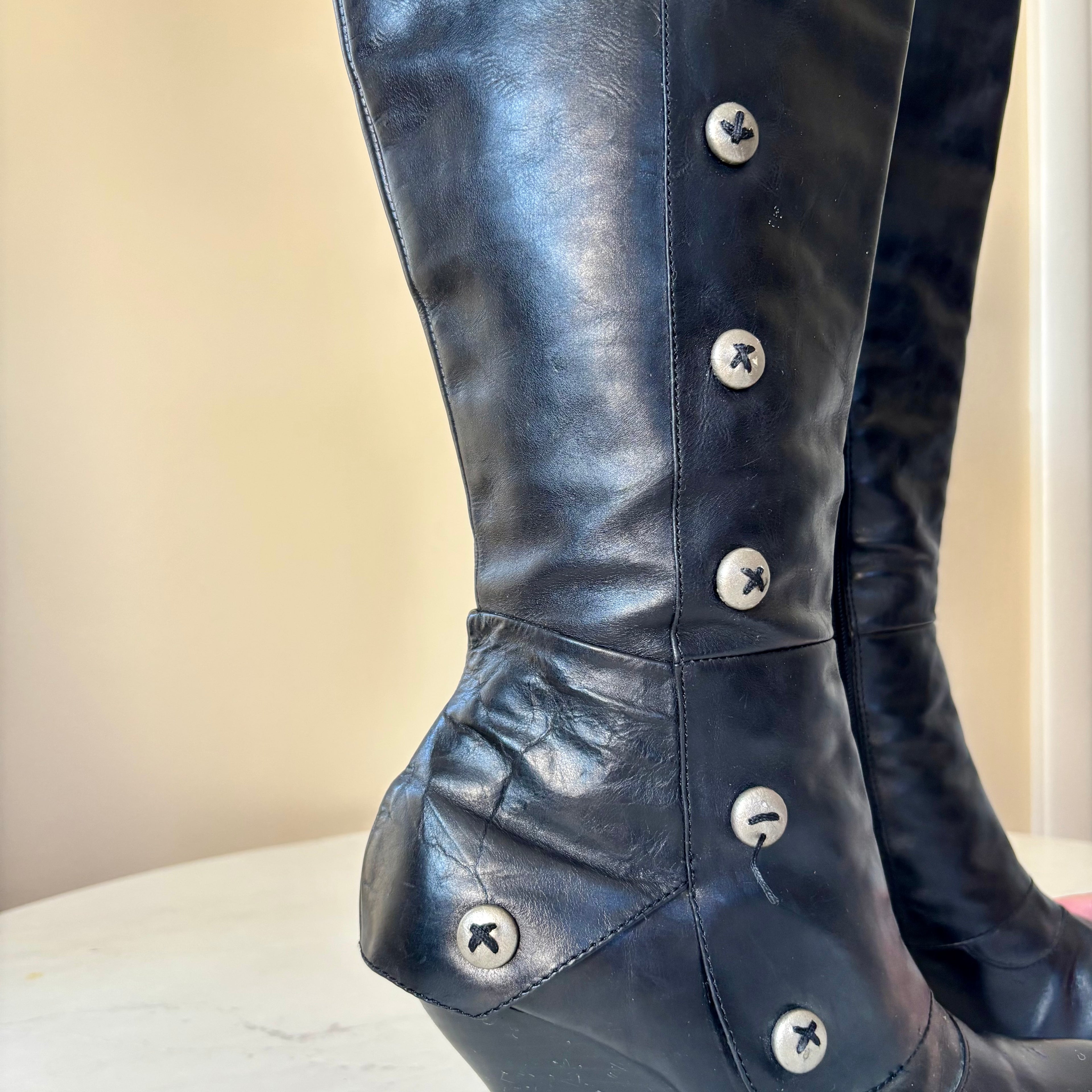 Vintage Black Leather Boots with Buttons — Size 8.5